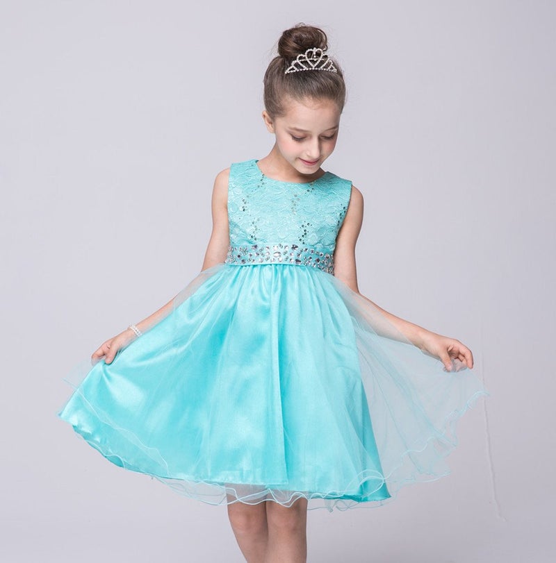 DreamHigh Wedding Flower Girl's Sequined Shining Crystal Waist Evening Dress up Mint 7-8 Years - Image 3